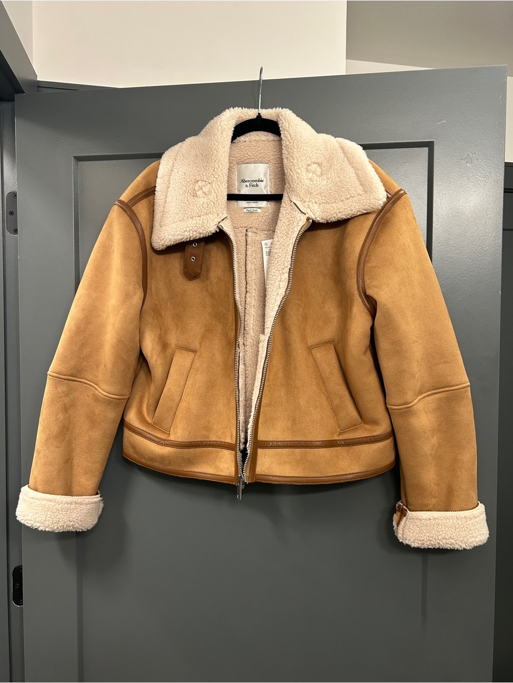 Abercrombie & Fitch Tan Faux Shearling Lined Aviator Jacket
